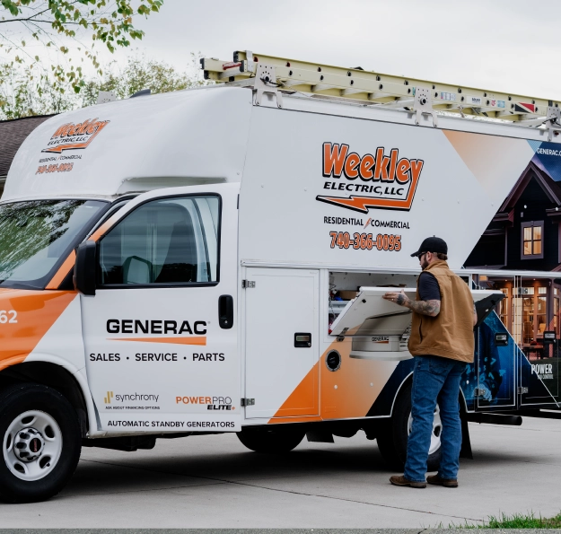generac-commercial-generator-repair-central-ohio Weekley Electric technician servicing Generac equipment from a commercial generator repair vehicle.